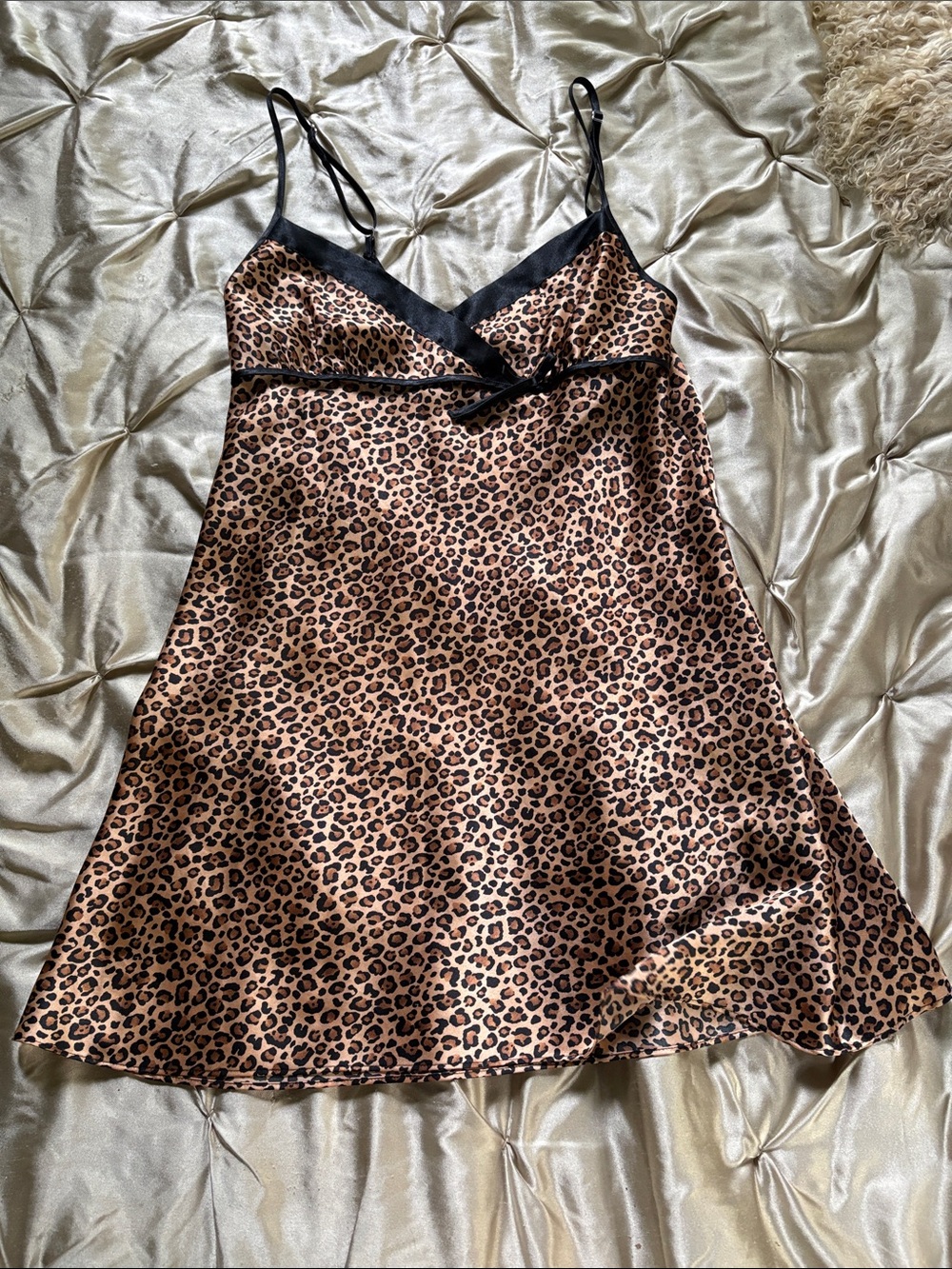 Morgan Taylor Leopard Satin Chemise with Black Trim
